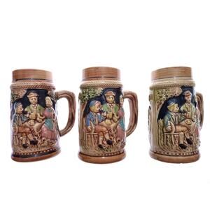 Vintage Beer Stein Ceramic Beer Stein Forest Pub Scene Set of 3 Beersteins